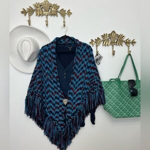 Hand knit fringe shawl poncho L